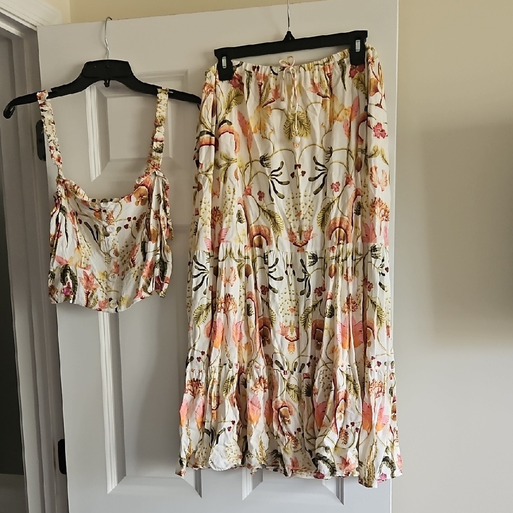 Floral Tiered Maxi Skirt - Cream with Pink & Green Floral Print